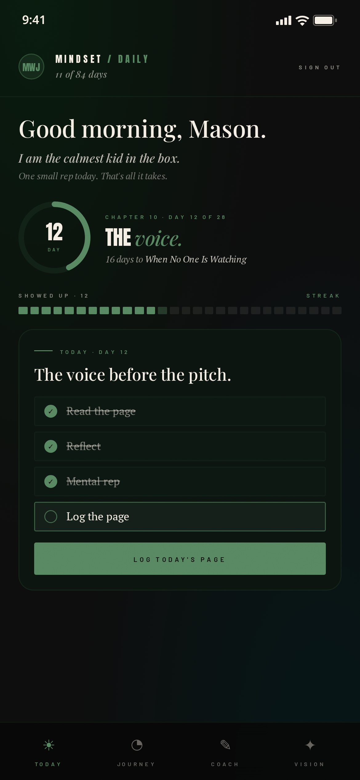 The Today screen: Day 12, The Voice, four daily steps
