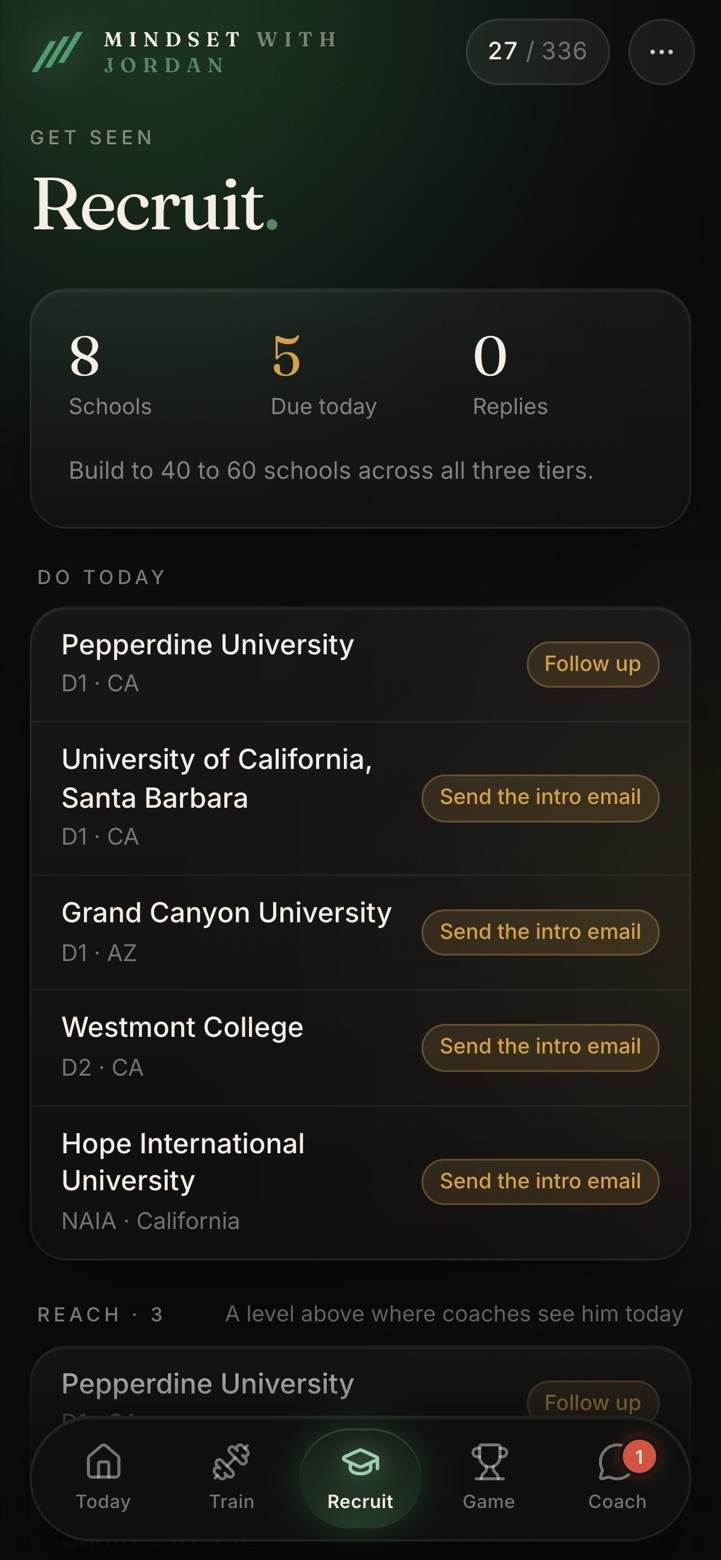 Recruiting board in the athlete app (demo account)